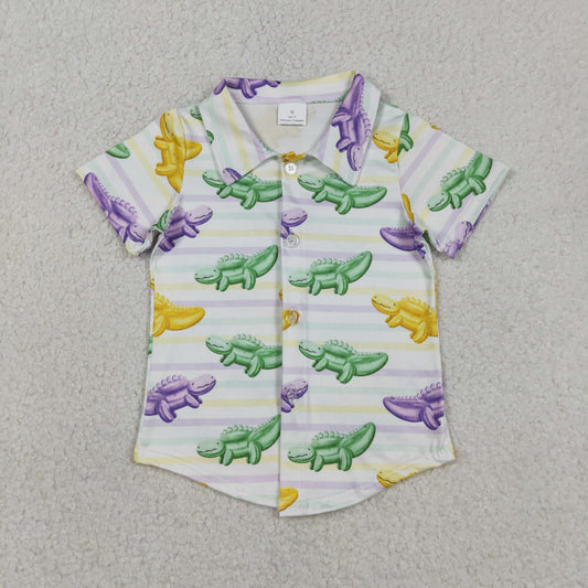 BT1393 Mardi Gras yellow green purple crocodile short sleeve boys top