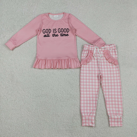 GLP3038 god is good all the time pink long sleeve checkered pants girls set