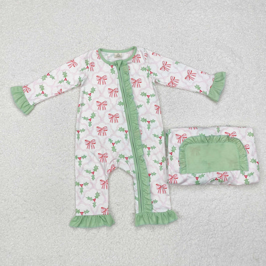 bamboo LR1344 Christmas pink bows Holly Berry long sleeve zipper girls romper