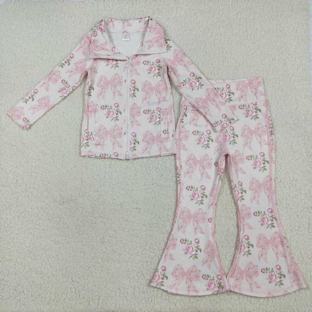 GLP2429 yoga pink flowers bows zipper long sleeve pants girls set