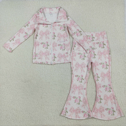 GLP2429 yoga pink flowers bows zipper long sleeve pants girls set