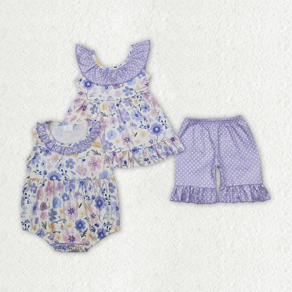 purple flowers floral Summer Sibling Clothes RTS