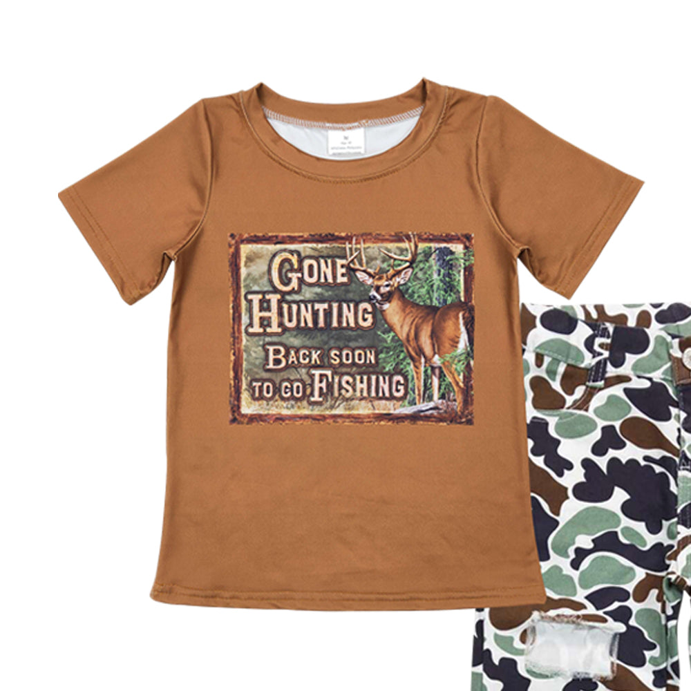 BSPO0396 Hunting deer dark brown short sleeve top camo hole denim pants boys jeans set