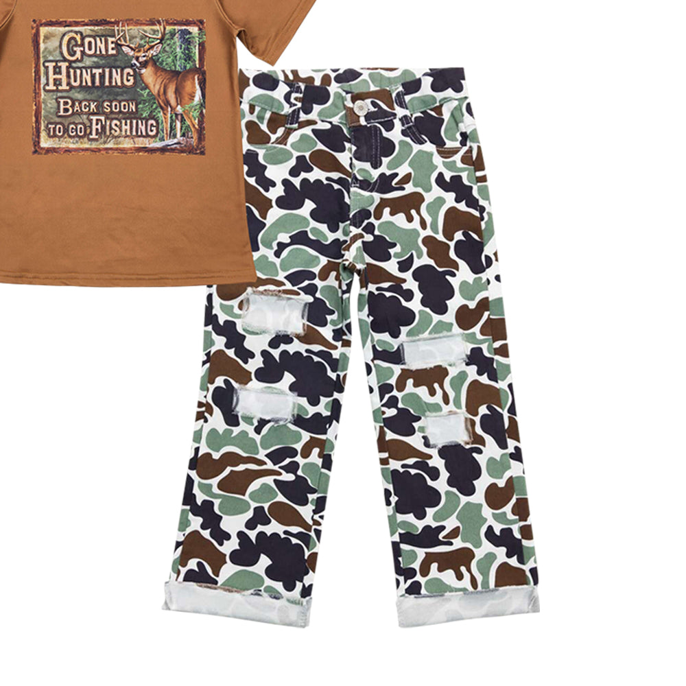 BSPO0396 Hunting deer dark brown short sleeve top camo hole denim pants boys jeans set