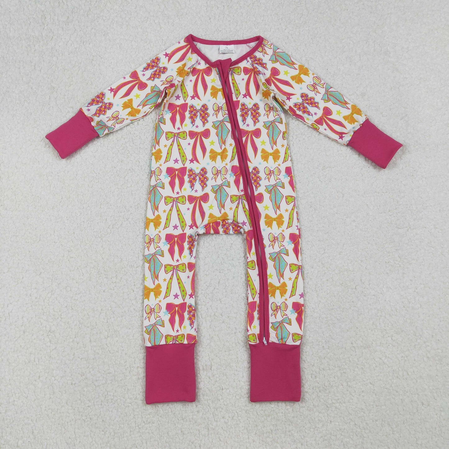 LR2468 colorful bows green/hot pink/orange bows long sleeve zipper girls romper