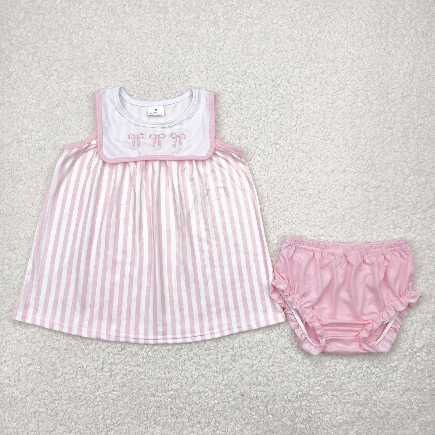 GBO0476 pink bows striped sleevless pink girls bummies set