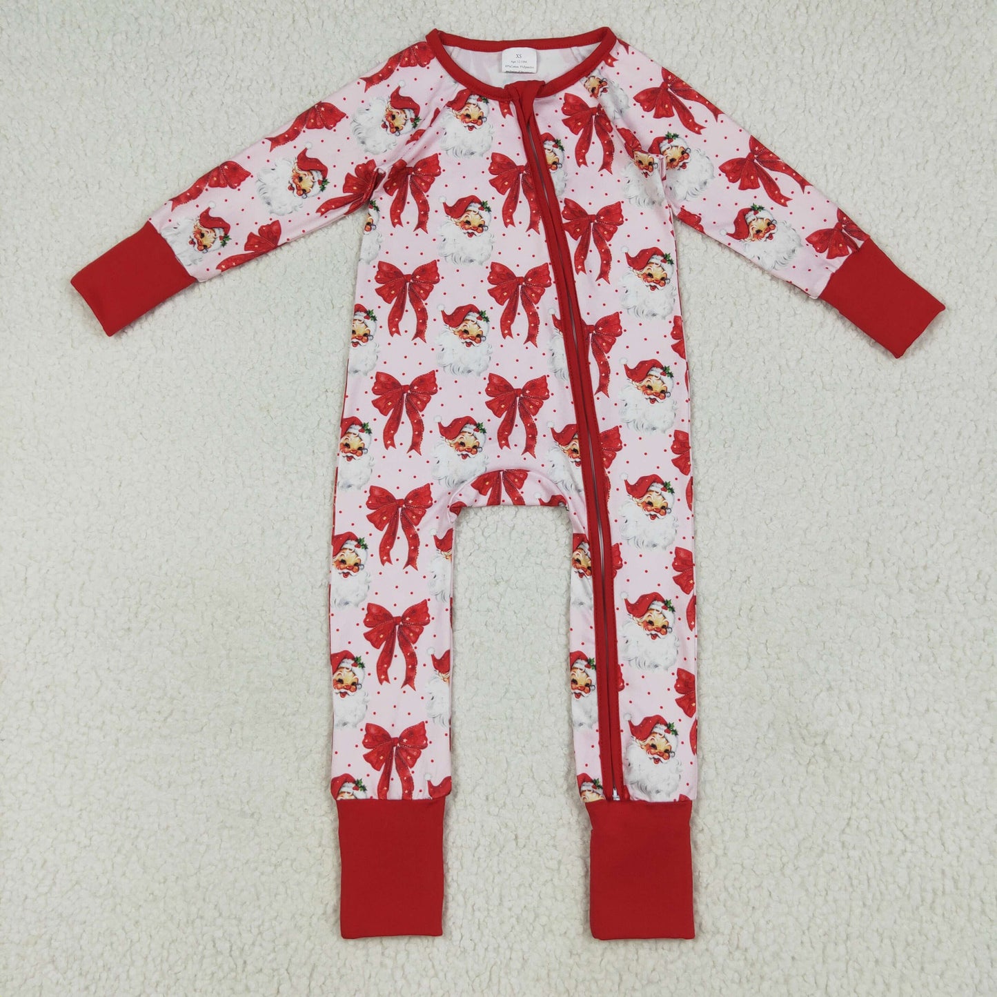 Custom moq 20 bamboo Christmas Santa bows red zipper long sleeve girls romper