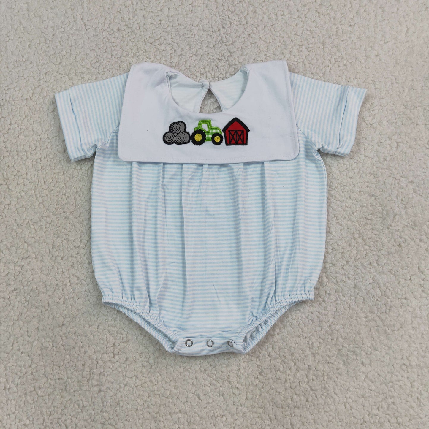 SR4075 Farm Blue Striped Short Sleeve Boys Romper
