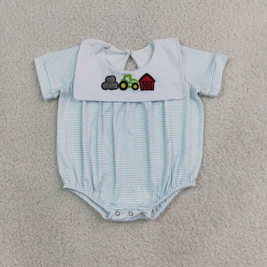 SR4075 Farm Blue Striped Short Sleeve Boys Romper
