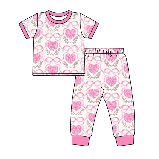 Preorder GSPO1801 Valentine's Day hot pink heart bows flowers short sleeve pants girls pajamas