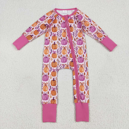 Custom moq 20 bamboo orange pumpkin pink bows zipper long sleeve girls romper
