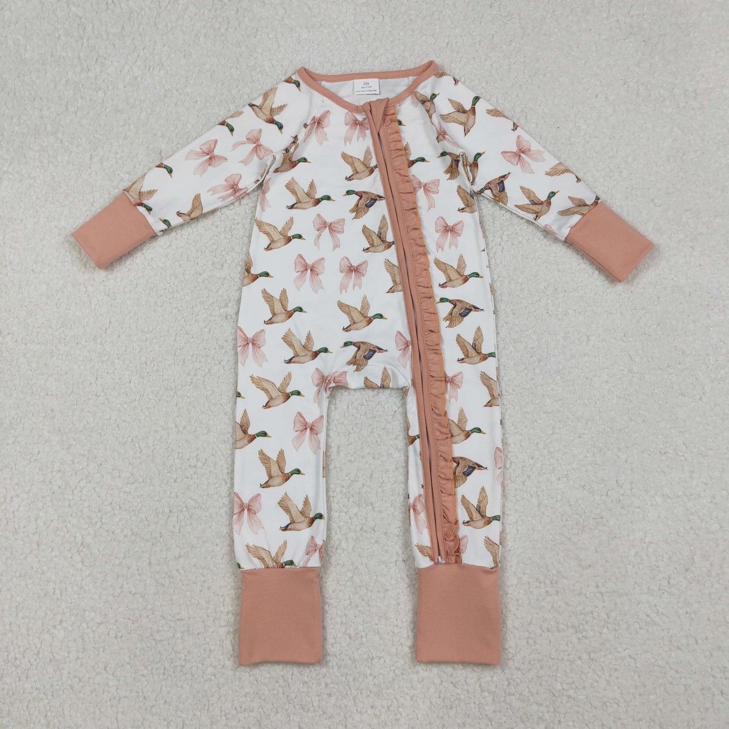 LR2545 hunting mallard duck bows pink zipper long sleeve girls romper