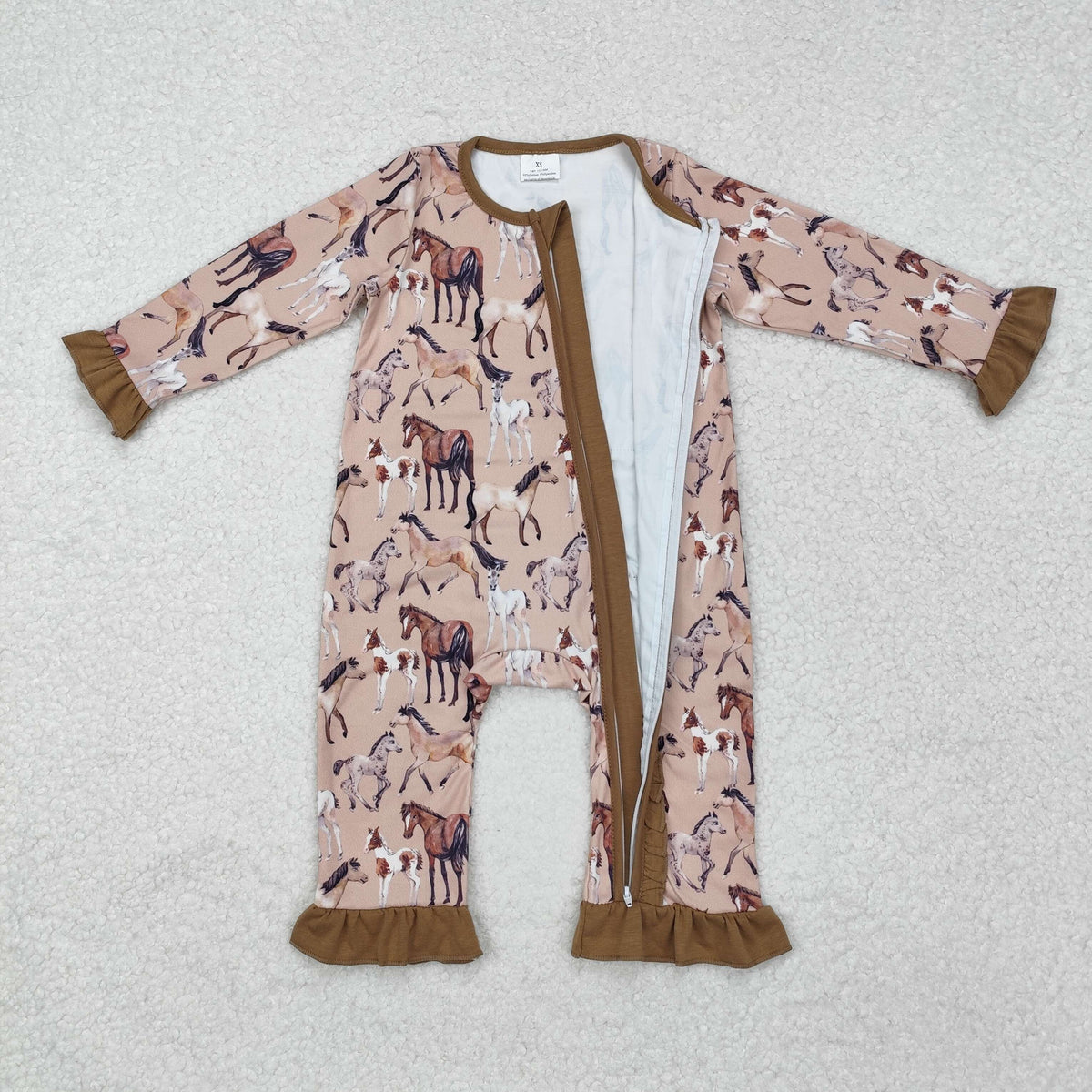 LR1771 Farm horse brown long sleeve zipper girls romper