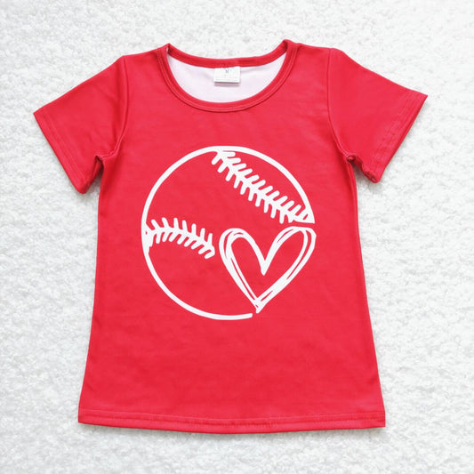 GT0430 Valentine's Day Baseball Heart Red Short Sleeve Girls Top