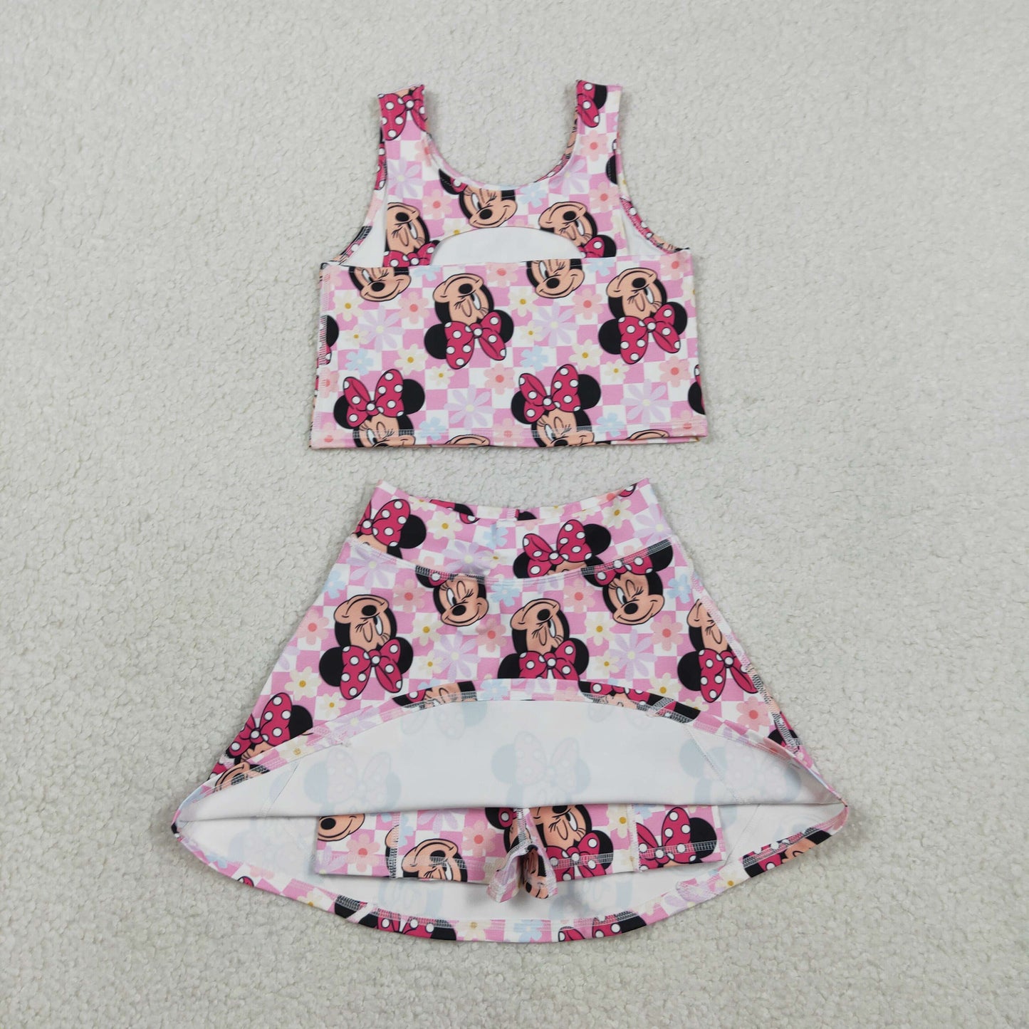 GSD2460 yoga cartoon M pink checkered sleeveless skirt with shorts girls set