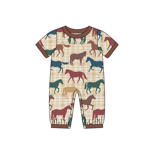 preorder SR0781 Western Horse Brown Short Sleeve Kids Romper