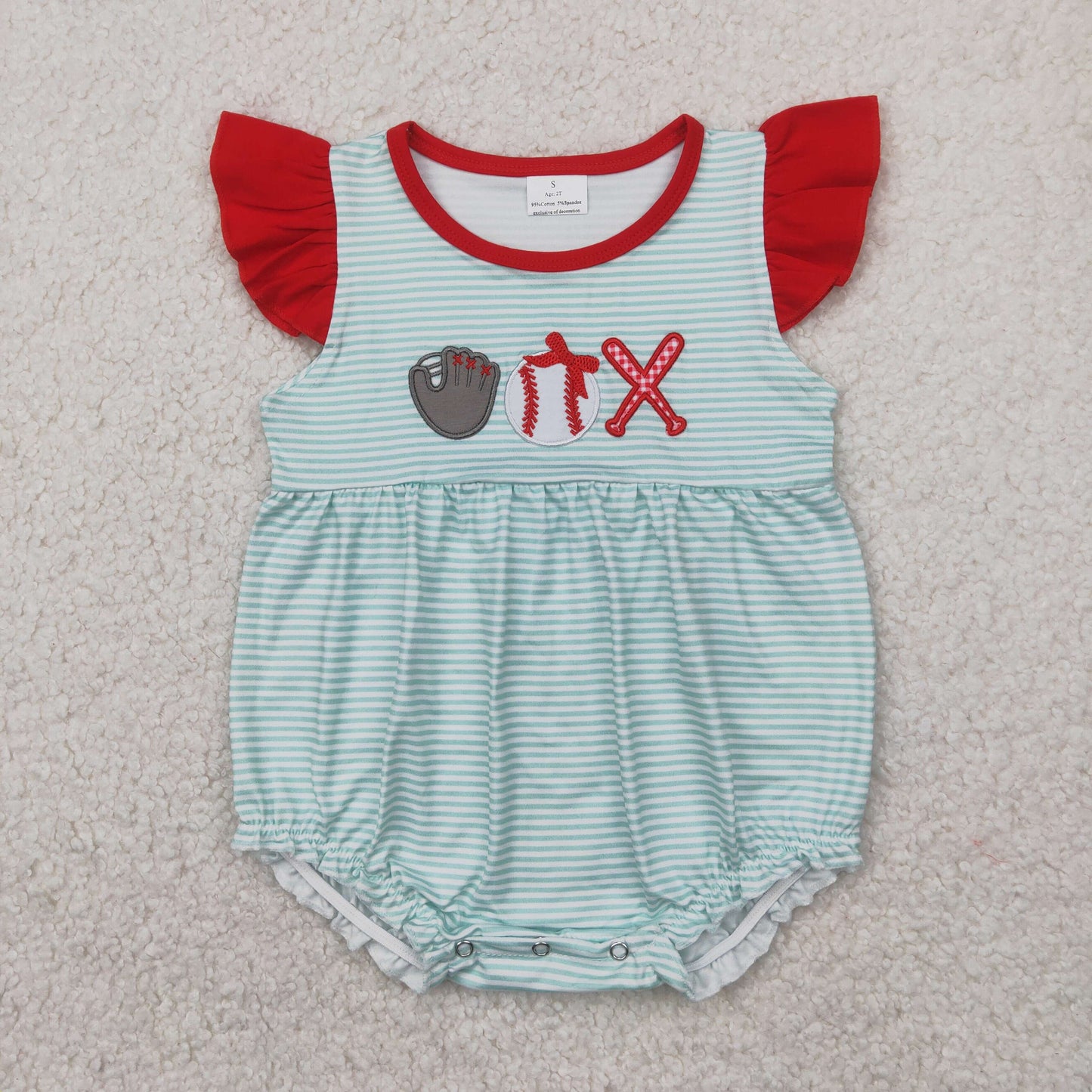 SR2892 embroidery play baseball green striped red flutter sleeve girls romper
