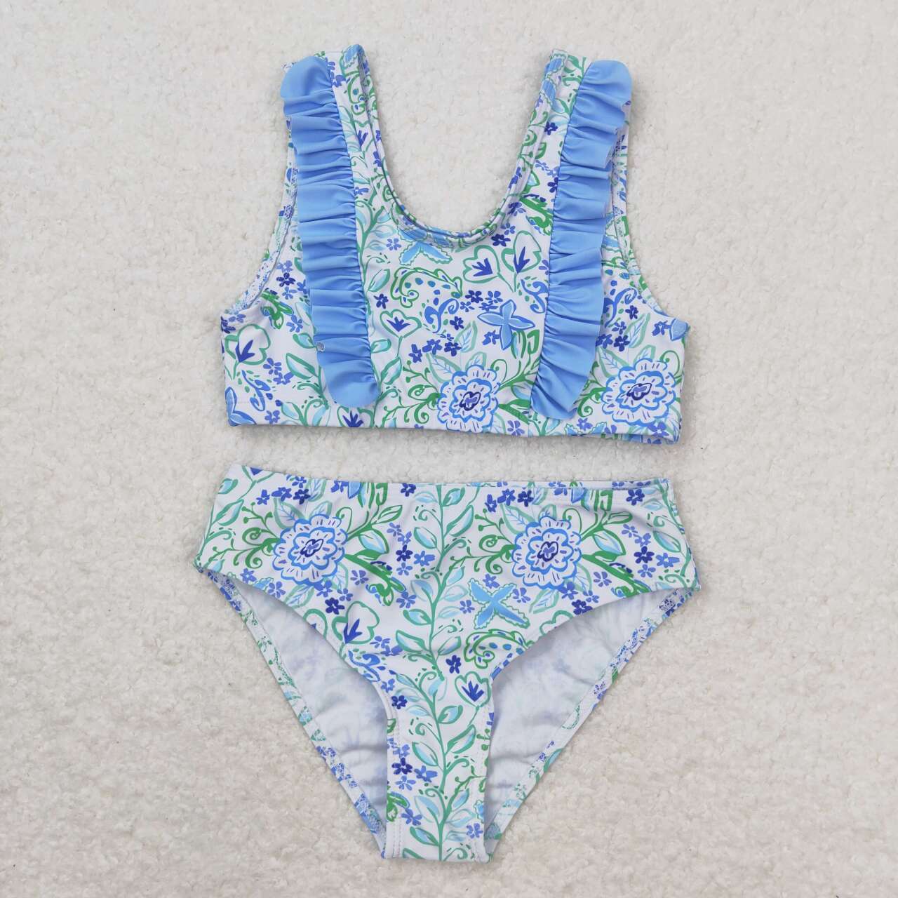 S0279 blue flowers flutter sleeve girls swimsuits