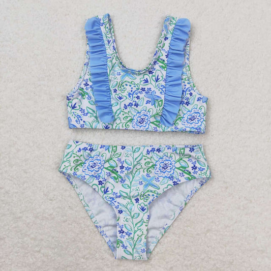 S0279 blue flowers flutter sleeve girls swimsuits