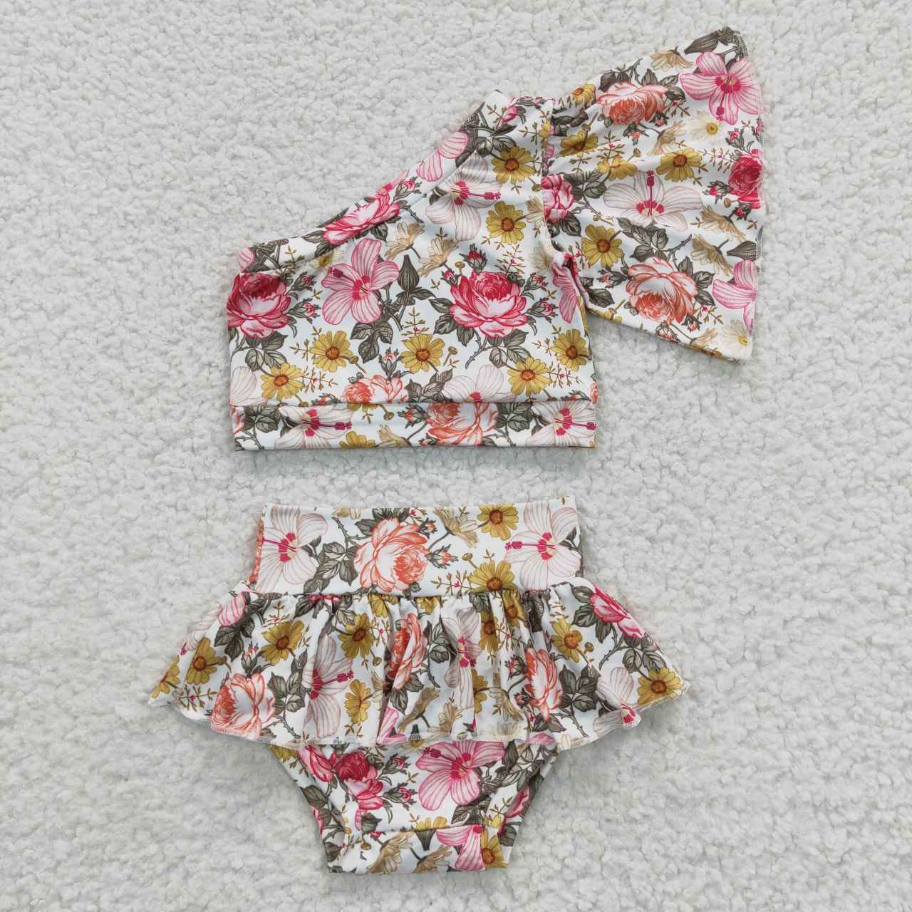 GBO0157 Colorful Flowers Single Sleeve Girls Bummies Set