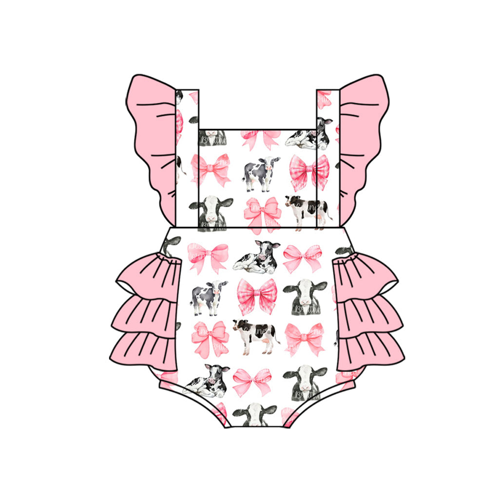 custom(moq 5)Baby Infant Girls Pink Bows Cows Bubble Rompers
