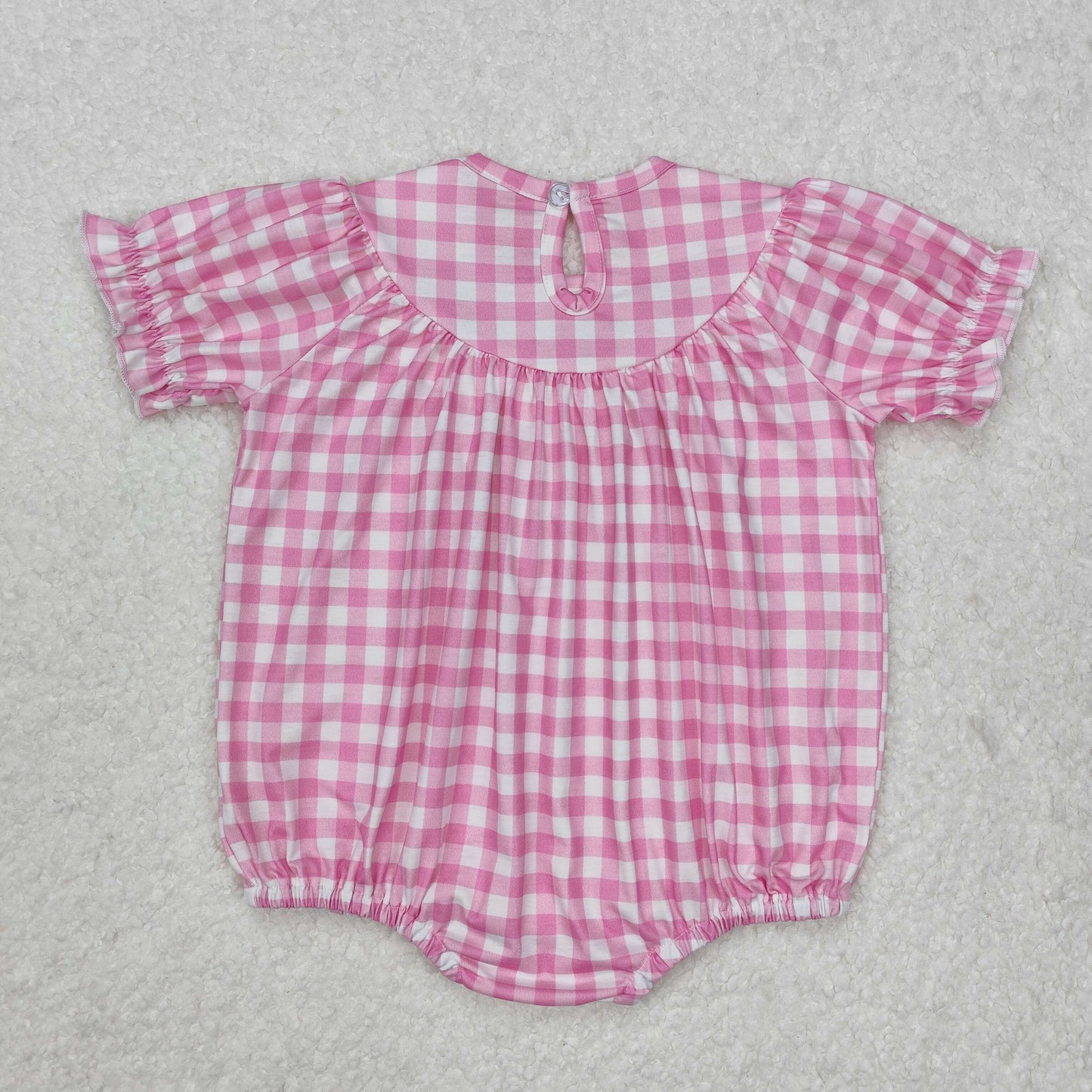 embroidery SR2325 cute bows pink checkered smocked short sleeve girls romper