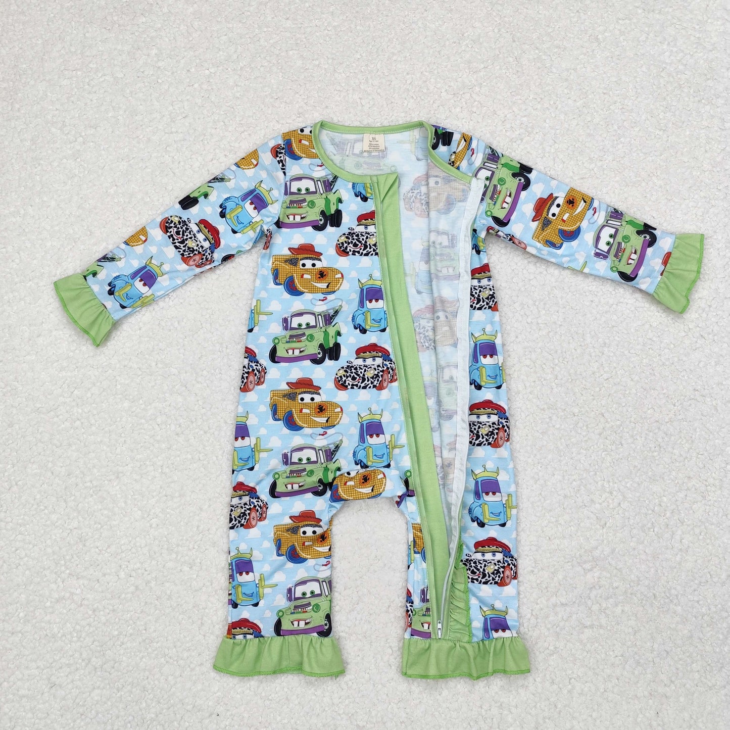bamboo LR1623 Western cartoon car green long sleeve zipper girls romper