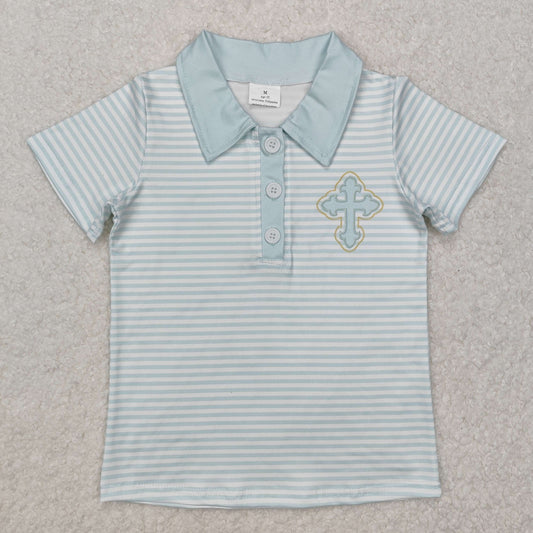 BT1045 Easter cross green striped short sleeve boys top