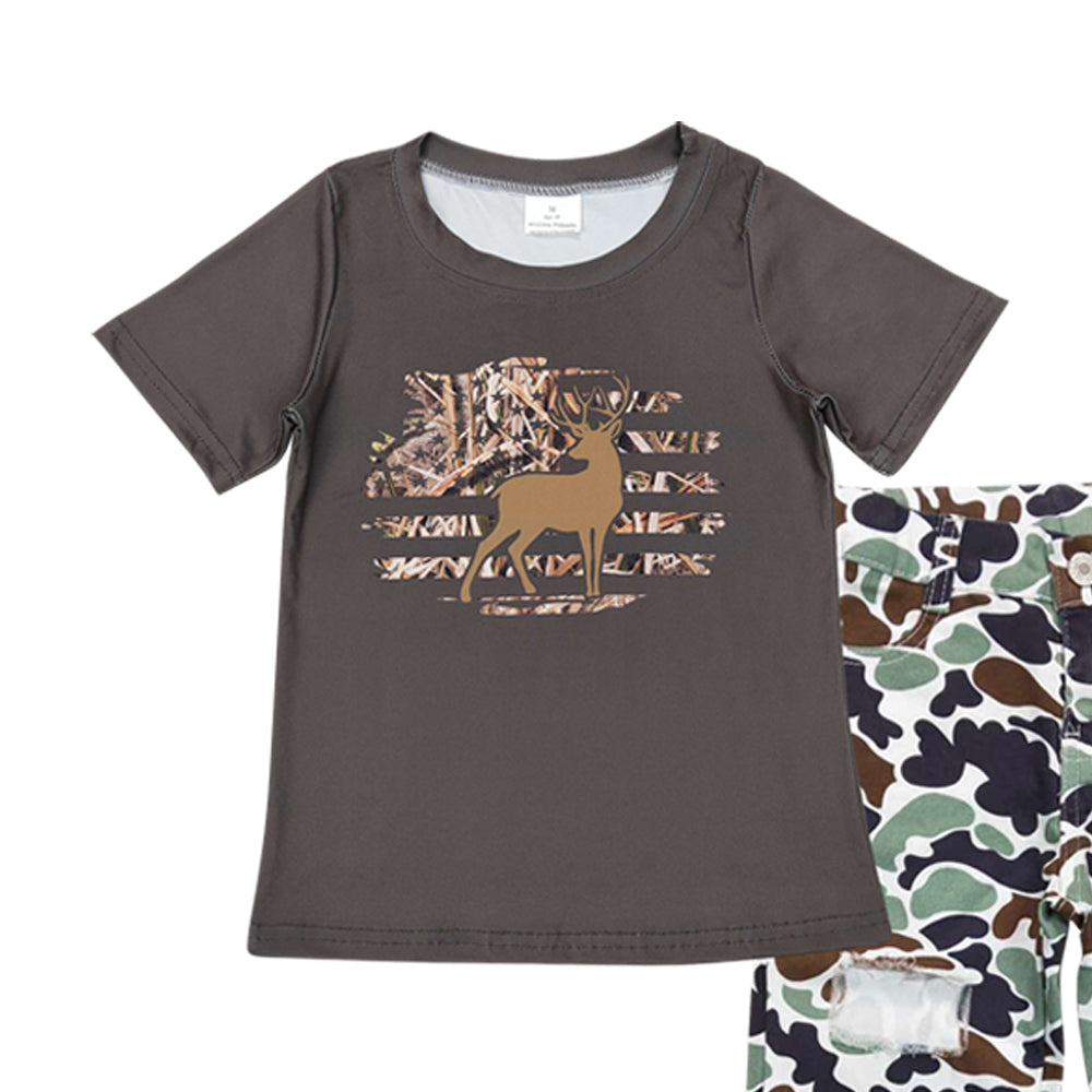 BSPO0395 Hunting deer dark grey short sleeve top camo hole denim pants boys jeans set