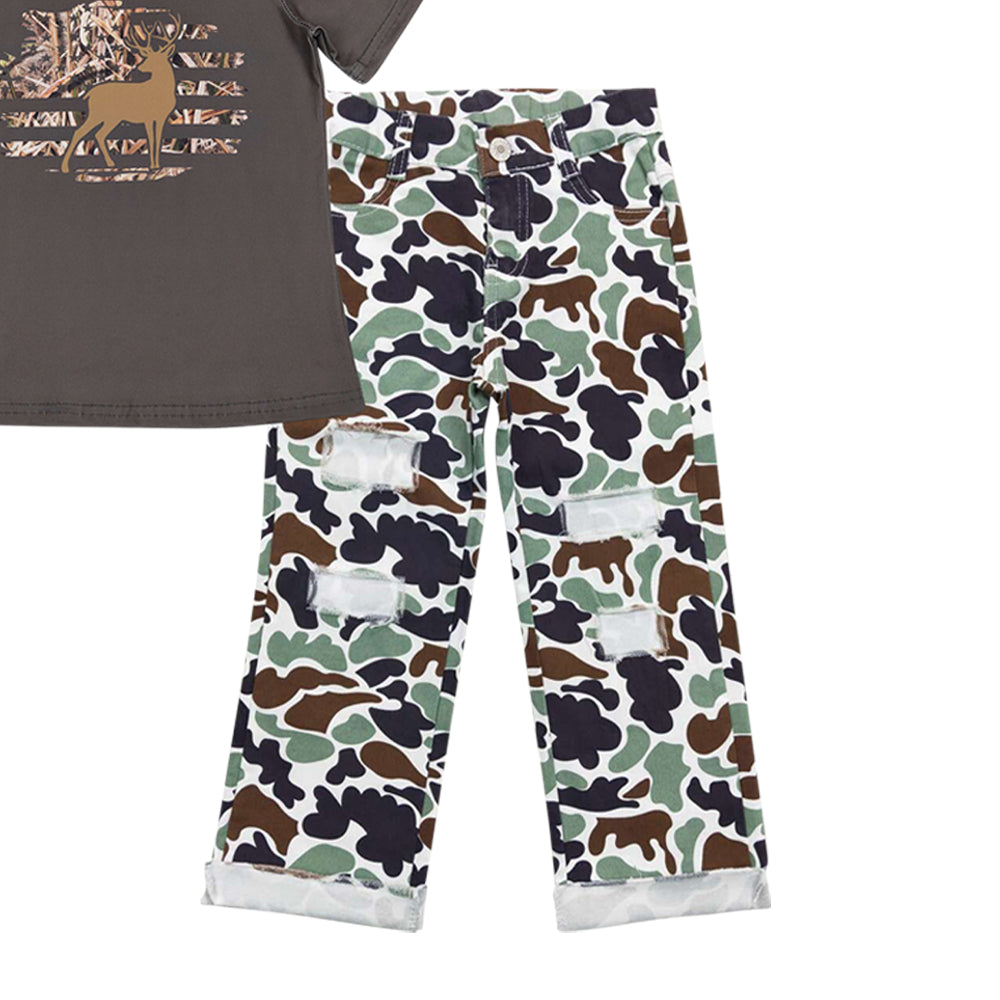 BSPO0395 Hunting deer dark grey short sleeve top camo hole denim pants boys jeans set