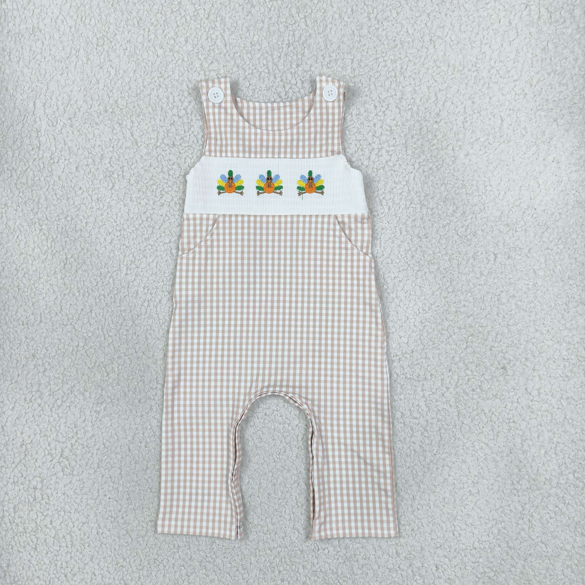 Embroidery SR4277 Thanksgiving Turkey Checkered Sleeveless Boys Romper