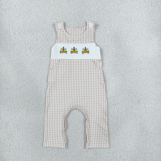 Embroidery SR4277 Thanksgiving Turkey Checkered Sleeveless Boys Romper