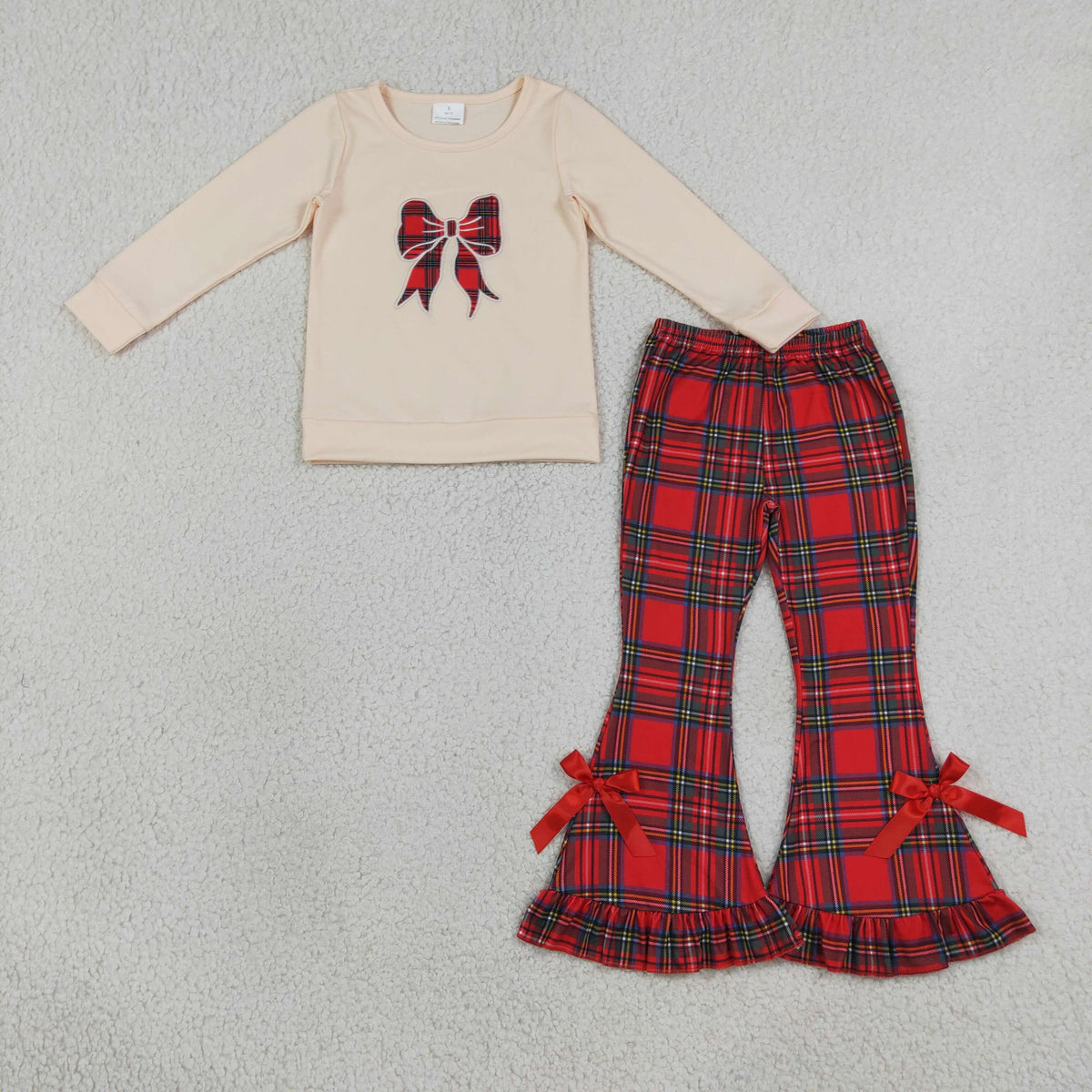 GLP3547 Christmas Bow Long Sleeve Red Checkered Pants Girls Set