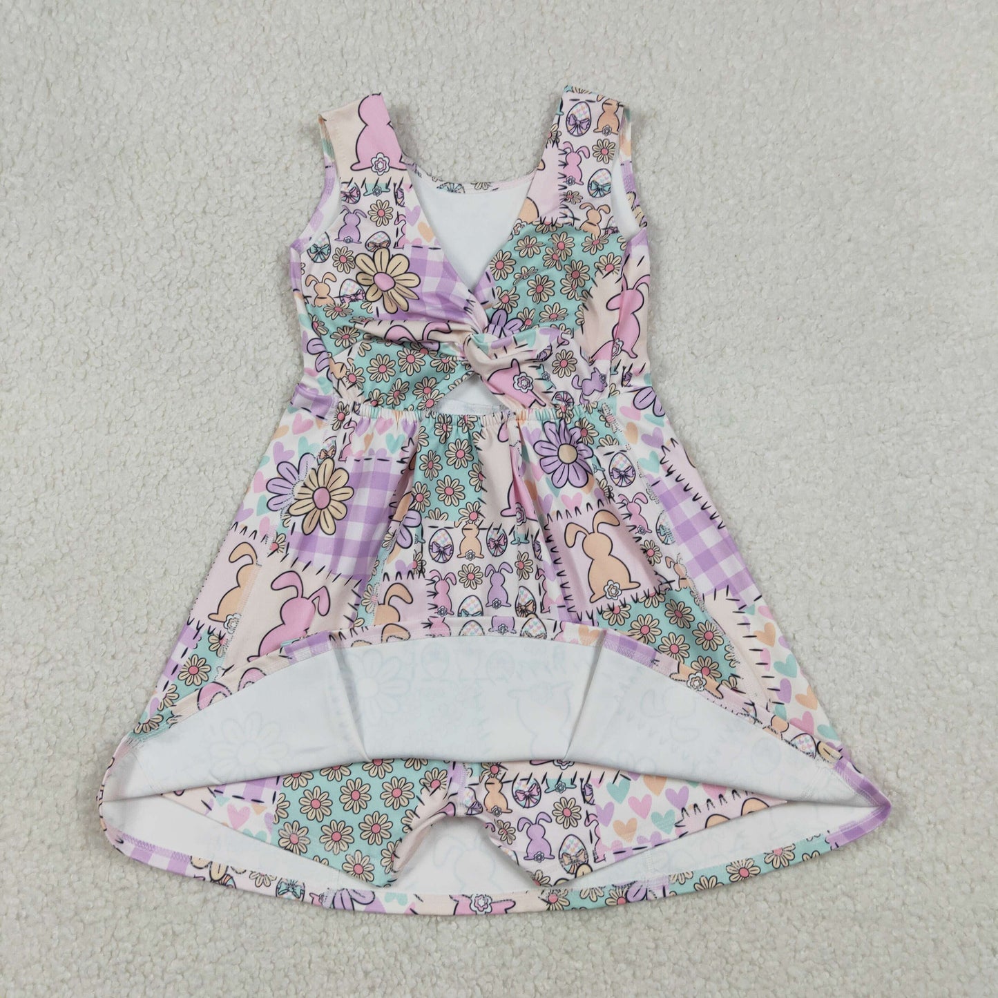 GSD3051 Yoga Easter Purple Bunny Rabbit Flowers Sleeveless Skorts Girls Dress