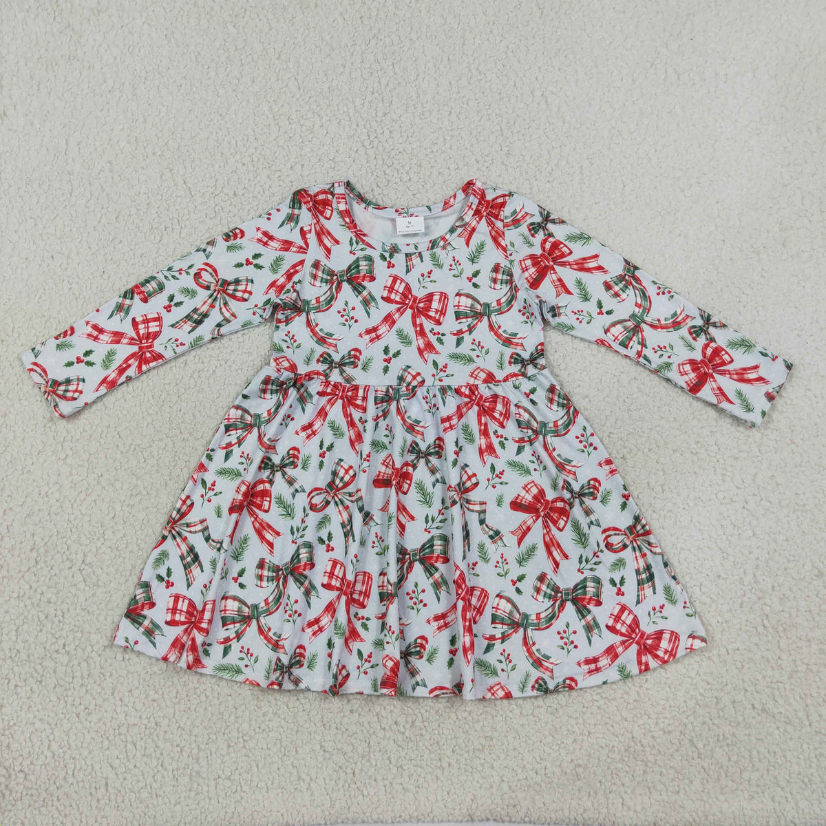 GLD1709 Christmas Green Red Bows Long Sleeve Girls Dress