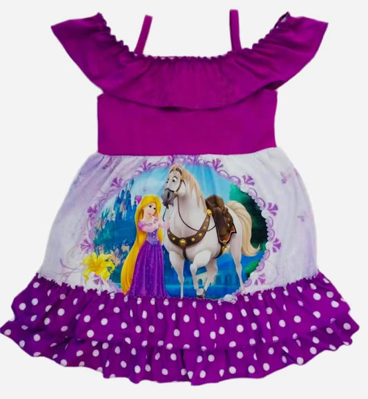 Custom Long hair princess purple short sleeve girls dress moq 3