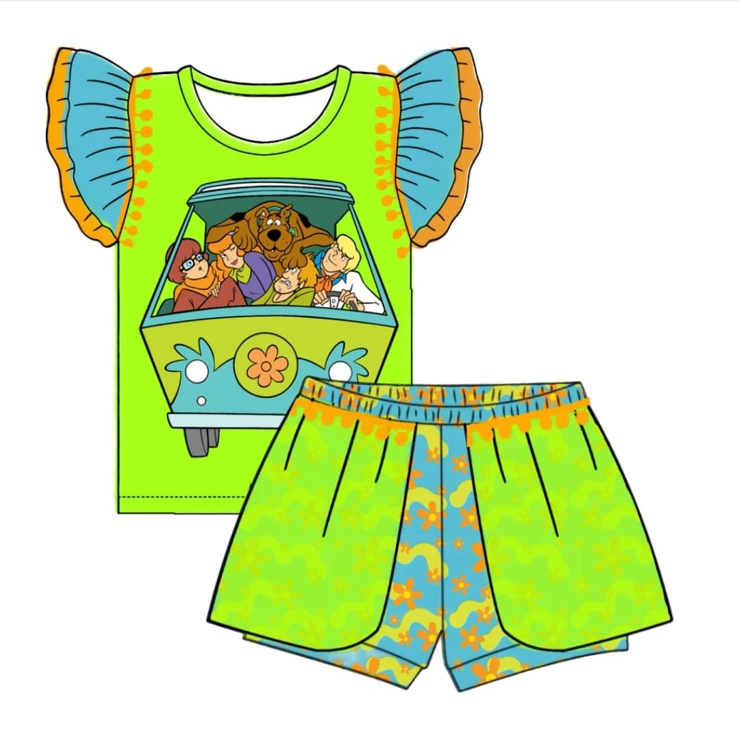 custom style cartoon family dog flutter sleeve green shorts girls set tat 6-8 weeks