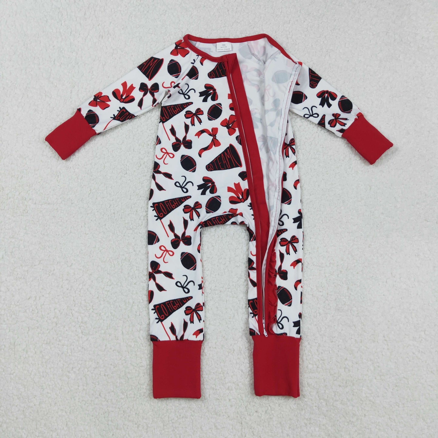 Custom moq 20 bamboo cheer black red football bows zipper long sleeve girls romper