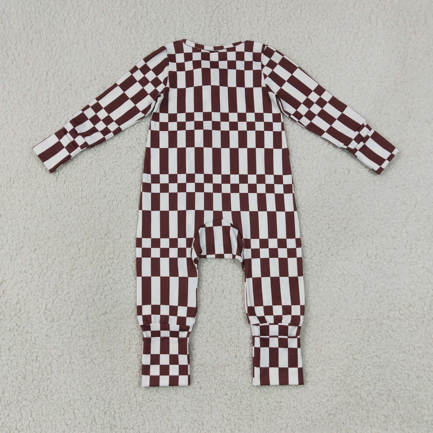 LR3114 Maroon Checkered Zipper Long Sleeve Boys Romper