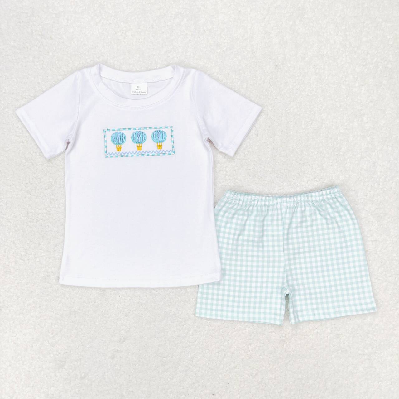 BSSO0784 embroidery hot air balloon short sleeve blue checkered shorts boys set