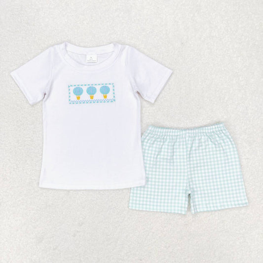 BSSO0784 embroidery hot air balloon short sleeve blue checkered shorts boys set