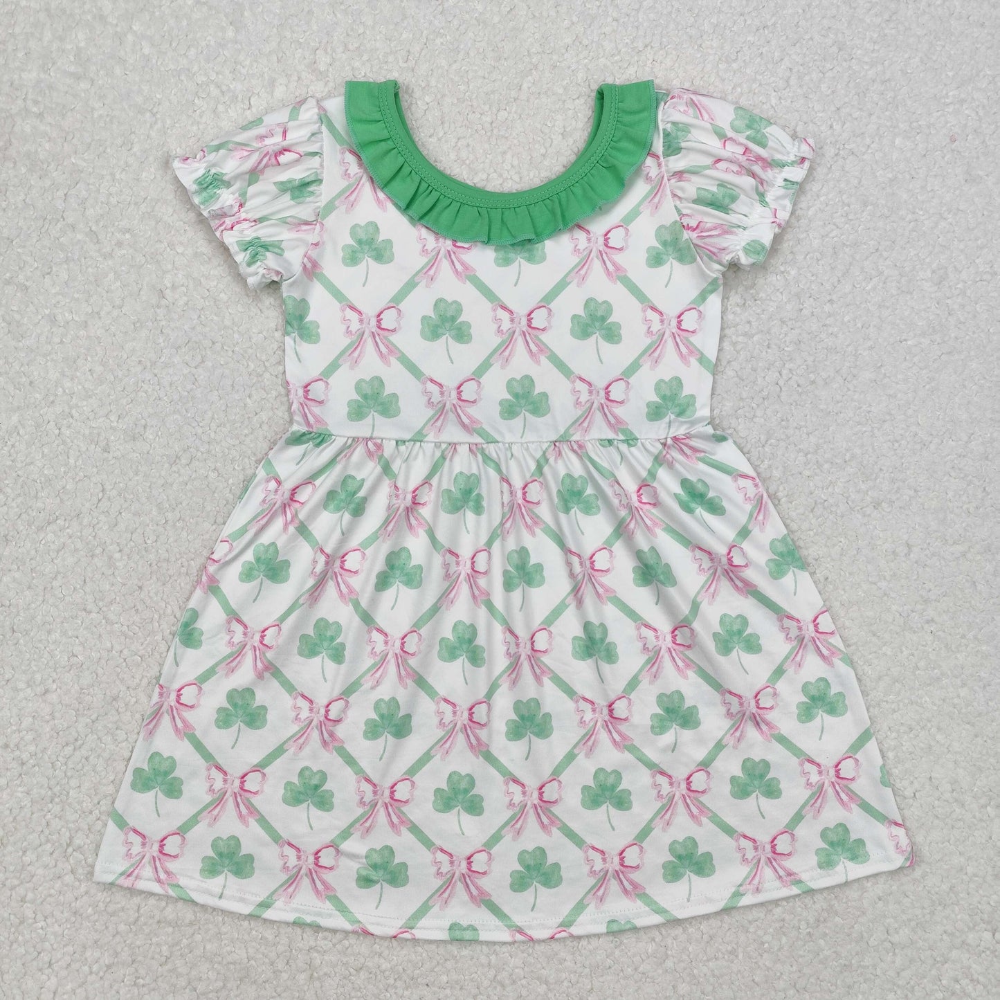 GSD1493 St Patrick bows clover green pink short sleeve girls dress