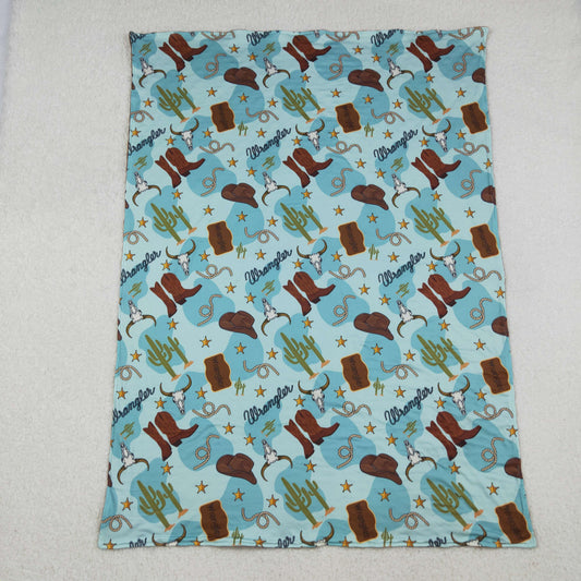 BL0175 Western cactus boot cow hat blue baby blanket