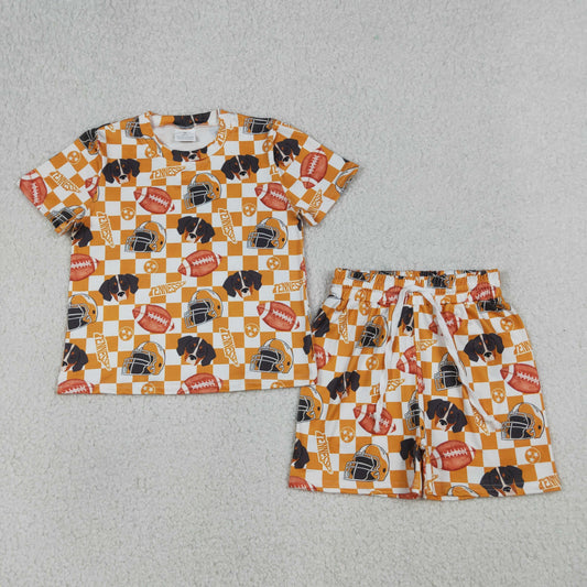 GSSO3161 Scallop Team Orange Checkered Short Sleeve Shorts Girls Set