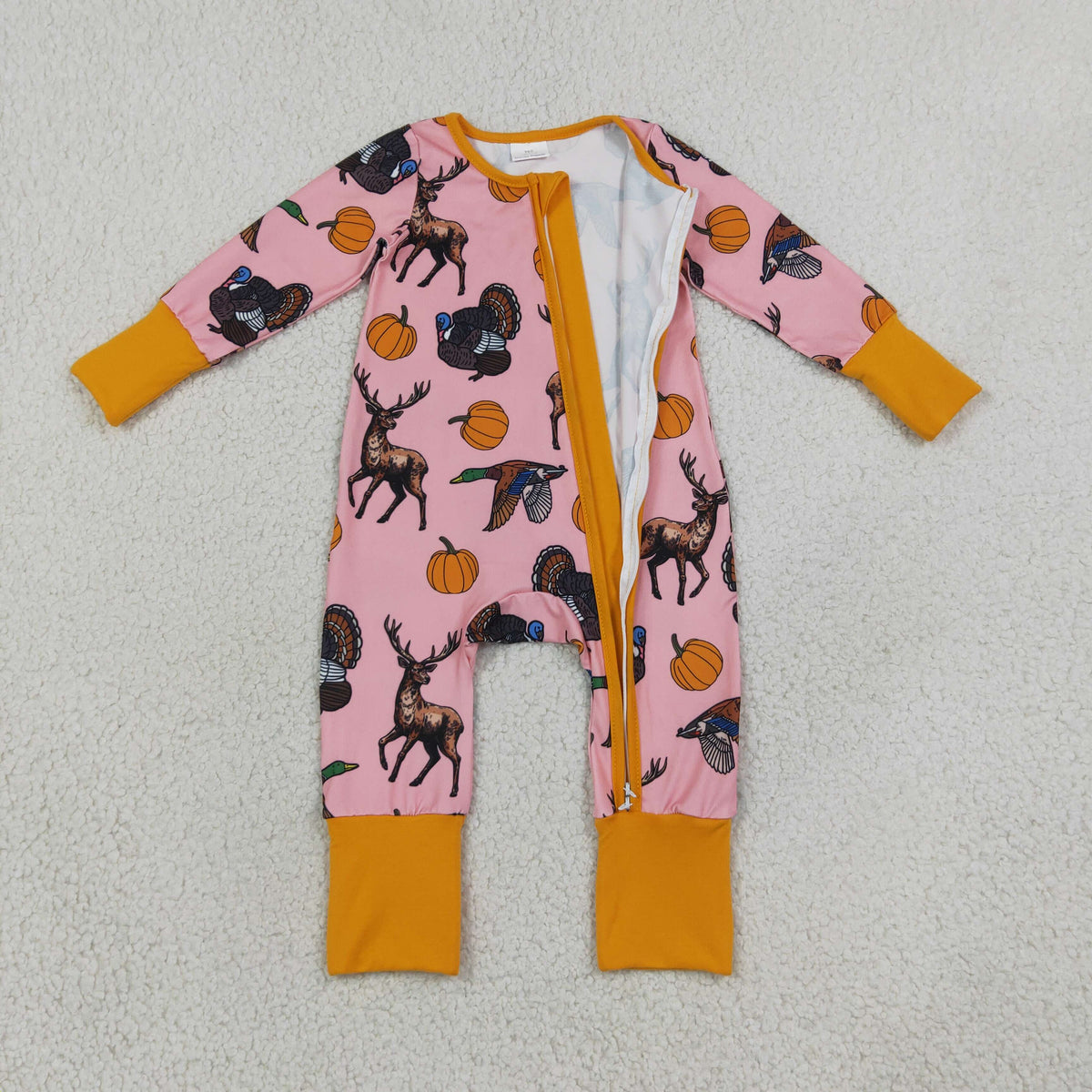 LR3252 Thanksgiving Turkey Pumpkin Zipper Long Sleeve Girls Romper