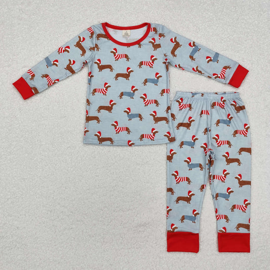 bamboo BLP0515 Christmas dachshund hat dark green long sleeve pants boys pajamas