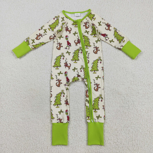 LR2481 Christmas green face dog green zipper long sleeve girls romper
