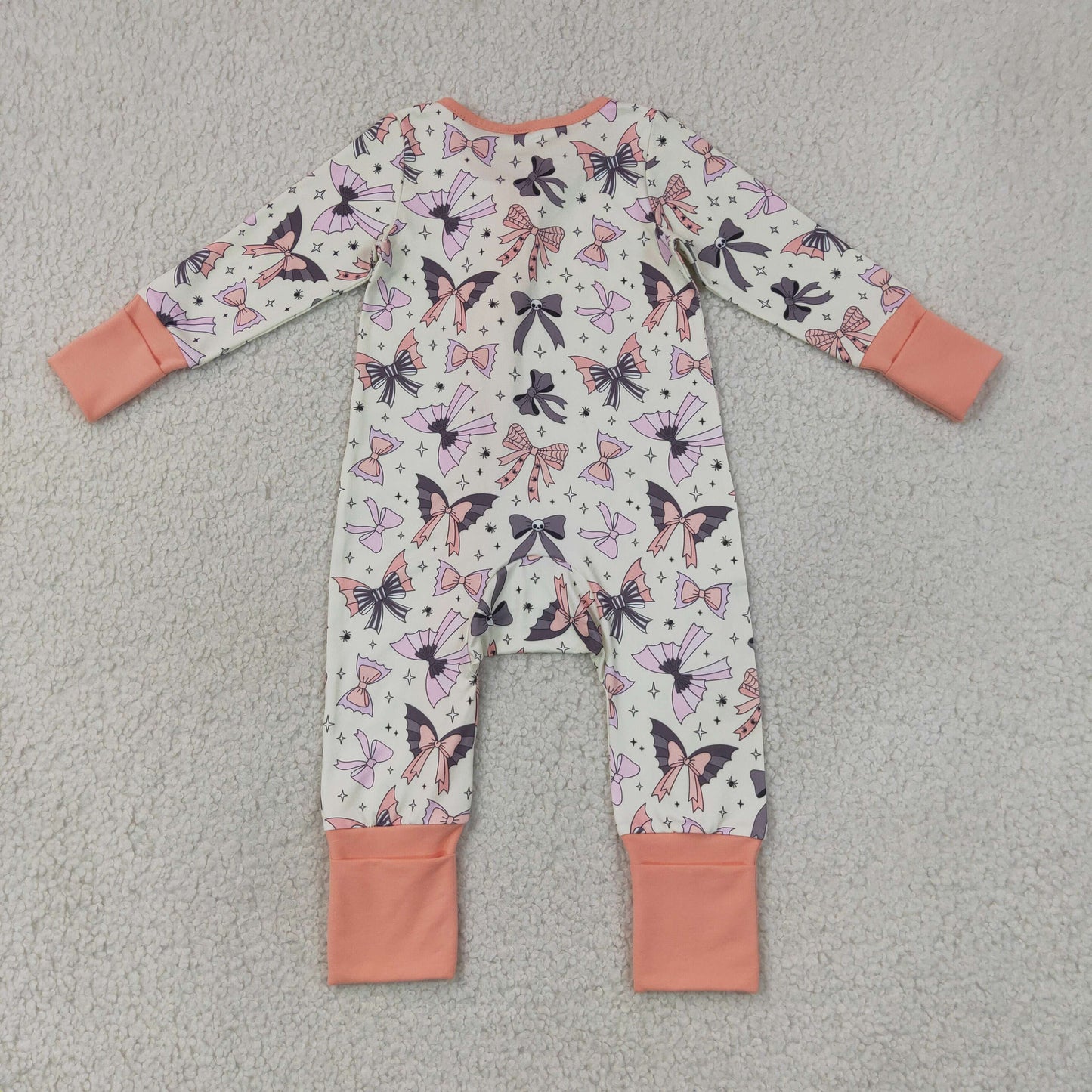 LR3078 Halloween Bows Pink Zipper Long Sleeve Girls Romper