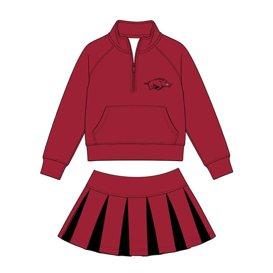 Custom Moq 3 Maroon Zipper Long Sleeve Skorts Girls Set