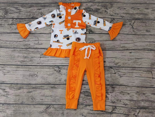 custom S T dog football orange long sleeve pocket pants girls set